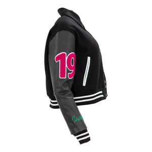 Men's Black Varsity Jacket With Green Embroidery And Pink 08 On Sleeve Regular Fit Zipper Closure Autumn Casual Wear - Product Image 2