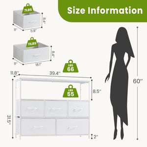Commode avec 5 tiroirs en tissu, pieds réglables, meuble TV pour chambre à coucher, blanc - Product Image 4