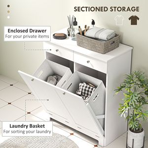 Mobiletto Portabiancheria Moderno Bianco Ecologico con 2 Cesti Ribaltabili e 2 Cassetti per Bagno o Cucina - Product Image 4