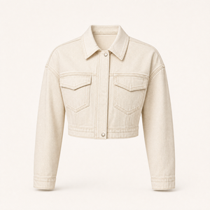 Women’s <b>Cropped</b> <b>Jacket</b> with Long Sleeves, Classic Collar, Snap Button Closure, Dual Chest Flap Pockets Washed <b>denim</b> fabric - Product Image 2