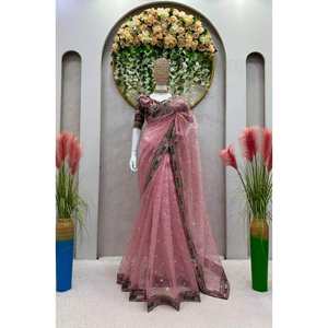 Hilo de seda de diseñador organza con Secuencia de trabajo Saree con blusa sin coser crteam - Product Image 1