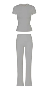 Women's 2 Piece <b>Knitted</b> <b>Set</b> Crew Neck Short Sleeve Top Full Length Flared Pants Solid Color Minimalist Style All Seasons Wear - Product Image 4