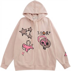 Nueva Sudadera con Capucha Rosa Bordada con Logotipo Personalizado, Diseño de Dibujos Animados, para Mujer, Talla Grande, con Cierre Frontal, de Algodón Tejido, para Otoño, con Estampado de Estrella y Calavera - Product Image 1