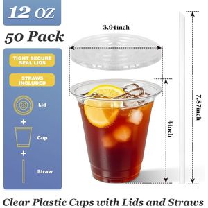 Bicchieri di Plastica Trasparente Usa e Getta da 12 oz con Coperchi e Cannucce, 50 Set per Bevande Fredde, Caffè Ghiacciato, Frappè, Smoothie - Product Image 2