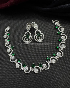 Classic American Brass Diamond Bridal Jewelry <b>Set</b> Two-Piece <b>Necklace</b> Earrings for Wedding Party Gift Occasions <b>Silver</b> Plated - Product Image 1