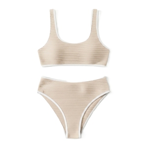 Women Ribbed Bikini <b>Set</b> <b>Square</b> Neck High Waist Solid Color Contrast Binding Swimwear Two Piece Spandex Polyester Stretch - Product Image 2