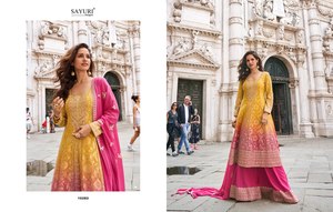 Sayuri Damen Gelb-Rosa Digital Bedruckter Schwerer Echter Georgette Schnell Trocknender Bodenlanger Anarkali-Anzug Traditionelle Partykleidung - Product Image 4