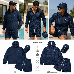 Chaqueta cortavientos con capucha y cremallera de diseño personalizado, reactiva al agua, impermeable, con patrón que cambia con el agua, para hombre. - Product Image 4