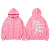 Sweat à capuche rose oversize zippé avec imprimé pailleté Emotions Never Die, vêtements d'hiver pour hommes, tricoté 100% coton