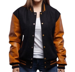 Veste universitaire classique en laine noire avec manches en cuir doré vieilli, col et poignets côtelés, grande taille, design OEM personnalisé, veste pour femme - Product Image 5