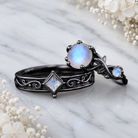 Ensemble de bagues de couple en pierre de lune gothique, romantique, plaqué or noir, argent sterling 925 massif, pierre précieuse ronde, ensemble de bagues de mariage pour couple
