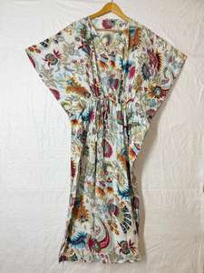 Robe Kaftan Bohème Florale en Coton, Cache-maillot de Plage, Col en V, Taille à Cordon, Coupe Ample Maxi, Tenue de Vacances - Product Image 5