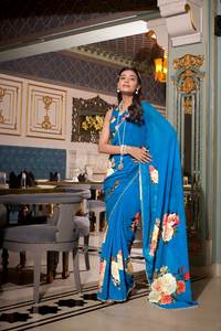 Sari indien tendance et magnifique à volants, en faux georgette, avec broderies, pour femmes, idéal pour les fêtes, les mariages et les tenues d'hiver - Product Image 3