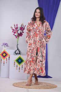 Bata Larga Estampada Floral para Mujer, Manga Larga, Cuello en V, Algodón Suave y Fibra de Bambú, Ropa de Dormir Informal con Cierre de Cordón - Product Image 4
