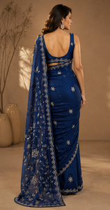 ผ้าไหมวินเทจ CHOHAN TEXTILE ขายส่ง ผ้าส่าหรียาวคลุมพื้น แต่งขอบด้วยเลื่อมอย่างหรูหรา เหมาะสำหรับงานแต่งงาน งานเลี้ยง สีน้ำเงินรอยัล สำหรับผู้หญิง - Product Image 3