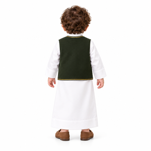 Conjunto de Thobe Blanco para Niños con Chaleco Verde Oliva y Detalles Dorados, Jubba Islámica Kandura, Largo hasta el Tobillo, para Eid, Ramadán, Traje Tradicional Árabe - Product Image 6