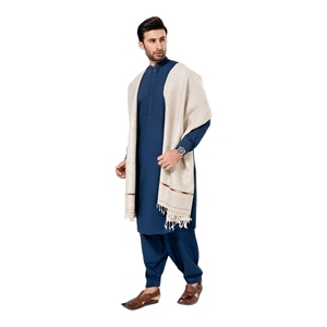 <b>Men</b> Cotton <b>Kurta</b> Shalwar Kameez Traditional Indian Pakistani Casual Wear Blue With Cream Shawl 3 Piece Set - Product Image 5