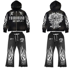 Custom Oversize Acid Wash Streetwear Sweatsuits Baggy Rhinestone Heavyweight <b>Tracksuit</b> Cotton Men High Quality Zipper Hoodie - Product Image 3