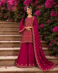 Conjunto de diseñador con bordado de hilo Zari en seda Vichitra, top completamente cosido con pantalón palazzo y dupatta, traje listo para usar. - Product Image 2
