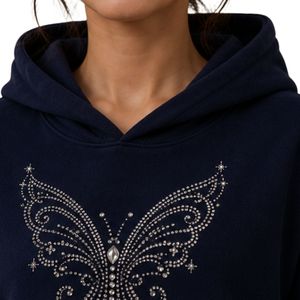 Sweat-shirt à capuche surdimensionné pour femme, personnalisé, bleu marine, avec strass en forme de papillon, en molleton de coton premium, décontracté, pour l'hiver - Product Image 5
