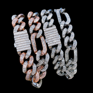High Demand Trendy Design Baguette Cubic Zirconia Diamond Two Tone Full Iced Cuban Link Hip Hop 18K <b>Solid</b> Gold Unisex Chain - Product Image 4
