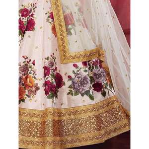 Off-<b>White</b> Floral Print Banglori Silk Wedding Wear <b>Lehenga</b> Choli - Product Image 2