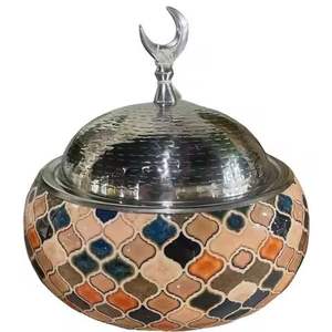 Jarra de dulces islámica de lujo con tapa en forma de media luna, de acero inoxidable, decorativa con mosaico, para almacenar frutos secos. - Product Image 1