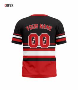 T-shirt à manches courtes rayé noir et rouge Corex avec impression du nom de l'équipe, col rond, coupe régulière, style sportif - Product Image 2