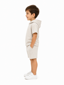 Ensemble T-shirt à capuche et short beige pour enfants, en coton doux, tenue coordonnée, vêtements décontractés d'été pour garçons, ensemble de sweat à capuche élégant pour enfants, confortable - Product Image 2