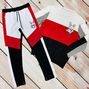 Cartoon Tracksuit Set Blue <b>White</b> Black Color Block Sweatshirt Rabbit Embroidery Matching <b>Jogger</b> Pants Casual Winter 100% Cotton - Product Image 2