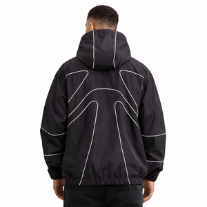 Custom Logo <b>Men</b> Hooded Windbreaker <b>Jacket</b> Black <b>Reflective</b> Piping Lightweight Streetwear Outerwear OEM Supplier <b>men's</b> <b>jackets</b> - Product Image 3