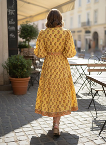 Vestido Anarkali Amarillo Mostaza de Algodón con Estampado Floral Hecho a Mano para Mujer, Vestido Largo Tradicional Rajasthani con Estampado Buti - Product Image 2