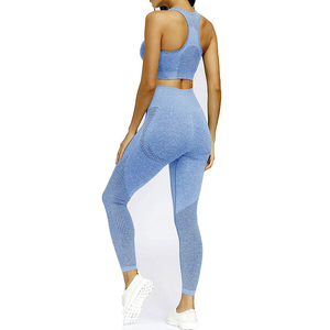 Women Yoga Set Solid Blue Breathable <b>Mesh</b> <b>Crop</b> <b>Top</b> High Waist Leggings Seamless Full Length Racerback Sleeveless 2 Piece - Product Image 3