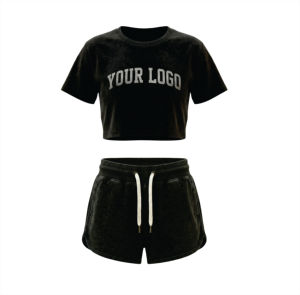 Ensemble de pyjama décontracté pour femme en coton et élasthanne, doux, respirant, séchage rapide, avec strass, haut à manches courtes et élastique, printemps-été - Product Image 1