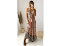 Robe longue d'été Y2K en soie tissée florale, sans manches, style bohème, licou, motif à pois tropical, style western, douce, lavable, pour les vacances et les fêtes, naturelle