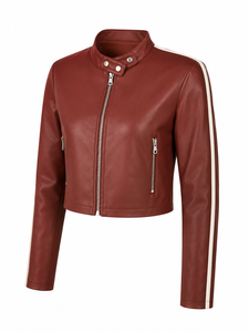 Blouson court en similicuir rouge bordeaux pour femme, style motard, col montant, poches zippées, rayures contrastées, vêtement d'extérieur décontracté et tendance, vente en gros - Product Image 5