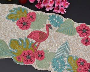 Camino de Mesa Bordado de Algodón con Diseño Floral de Flamencos, Estilo Bohemio, Decoración para el Hogar, Rosa, Verde, Beige - Product Image 2