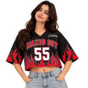 Camiseta de Fútbol de Malla con Estampado de Llamas Rojas y Negras para Mujer, Corte Recortado, Cuello en V Oversize, Número Personalizado 55, Estilo Urbano, Venta al por Mayor OEM - Product Image 1