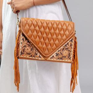 Women's Genuine Western <b>Boot</b> Stitch <b>Vintage</b> Floral Bohemian Hand Tooled Black Suede Leather Crossbody Fringe Bag Summer Fashion - Product Image 1