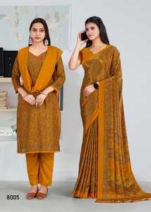 Saris uniformes imprimés en crêpe de polyester de qualité supérieure, 95 GSM, largeur 44 pouces, imprimé floral élégant pour le bureau et l'école, lot de 5 - Product Image 5