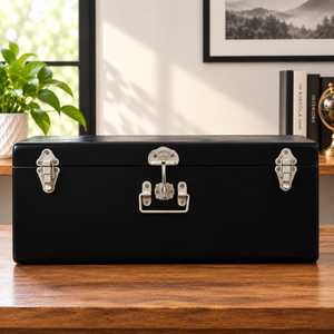 Desk <b>storage</b> <b>trunk</b> Black Metal <b>Storage</b> Box Rectangular Hinged Lid Classic Design With Silver Latches 1 Layer - Product Image 1