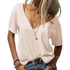 Camisetas de Manga Corta para Mujer, Lisas, Tejidas, Sólidas, Cuello en V, Holgadas, Deportivas, 100% Algodón, Alta Calidad - Product Image 4