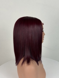 Perruque courte et droite en cheveux humains Lace Front couleur bordeaux 99J, perruques bob lisses sans colle couleur rouge pour femmes - Product Image 1
