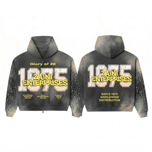 เสื้อฮู้ดซิปผู้ชาย ผ้าโพลีเอสเตอร์/คอตตอน เฟรนช์เทอร์รี่ 350gsm หนานุ่ม ซักแบบวินเทจ สีกากี สกรีนลายปักแบบกำหนดเอง รับผลิตแบบ OEM - Product Image 1