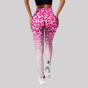 High Waisted Pink <b>Leopard</b> <b>Print</b> <b>Leggings</b> Full Length Four-Way Stretch Spandex Polyester Yoga Wear Women's Activewear - Product Image 1
