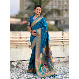 Sari Paithani Azul Pavo Real de Elite Weaves con Detalles Tejidos en Zari, 650g, Ropa India y Pakistaní - Product Image 6