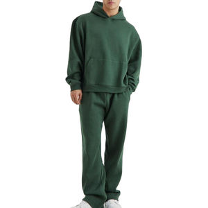 Ensemble de survêtement décontracté en molleton vert uni à capuche pour homme, coupe oversize, idéal pour l'automne - Product Image 1