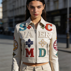 <b>Women</b>’s Cropped PU Leather Letterman <b>Jacket</b> Custom Embroidery <b>Zip</b>-<b>Up</b> Streetwear Motorcycle Style - Product Image 4