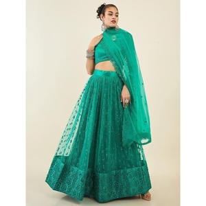 Lehenga choli กับ dupatta ตาข่ายเลื่อมสีเขียวนกเป็ดน้ำคู่บารมี - Product Image 6