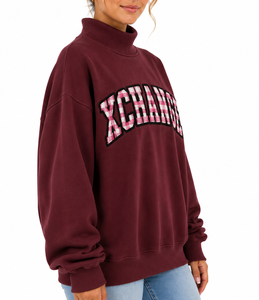 Sudadera Oversize de Cuello Alto para Mujer de Alta Calidad, Gris Oscuro con Estampado de Guingán, Hombros Caídos, Forro Polar - Product Image 2
